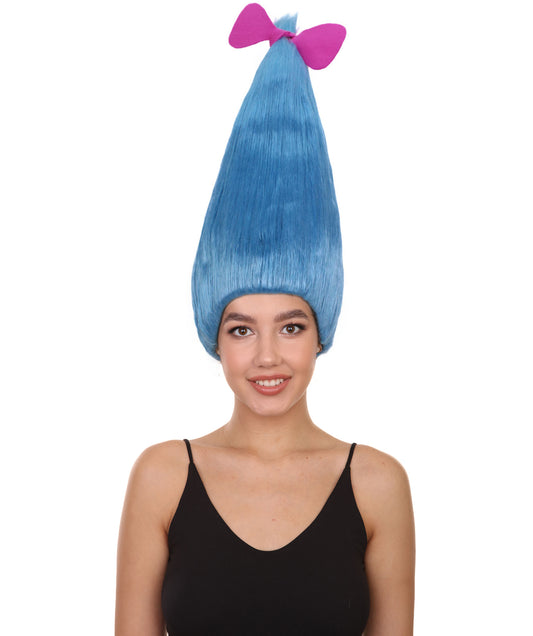 Smidge Troll | Long Blue Pointy Wig with Pink Bow