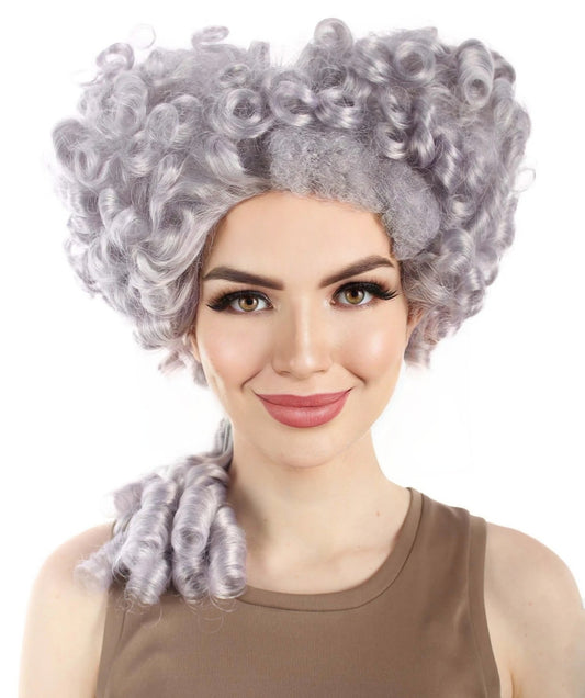 Women's Colonial hairstyle Curly Grey Wig , Premium Breathable Capless Cap Design , Perfect for Your next Victorian Baroque Ball or Halloween Costume