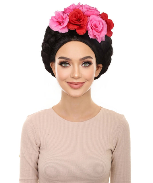 HPO  Women’s Mexican Artist Black / Pink Floral Braided Wig