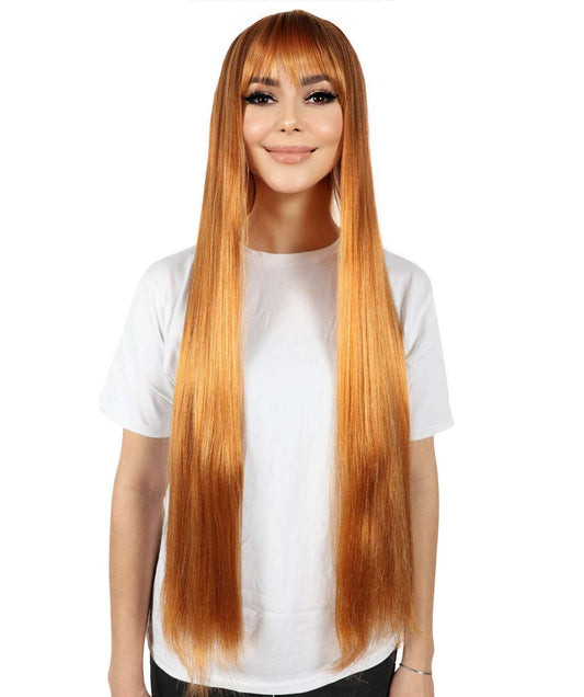Women’s American Rapper Long Shiny Dark Orange Wig, Best for Halloween, Flame-retardant Synthetic Fiber