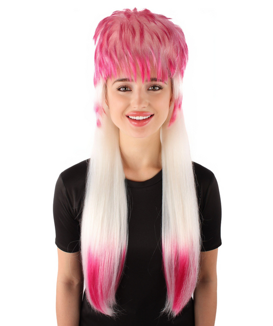 HPO  Rock Star Blonde 80's  Mullet with Pink Tips Wig, Perfect for Halloween, Flame-retardant Synthetic Fiber