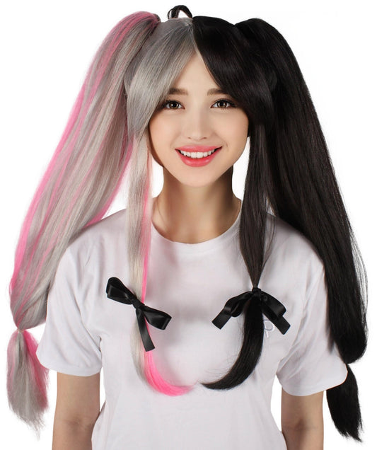 HPO Women's Japanese VTuber Black and Pink Double Tail Wig | Perfect for Halloween | Flame retardant Synthetic Fiber