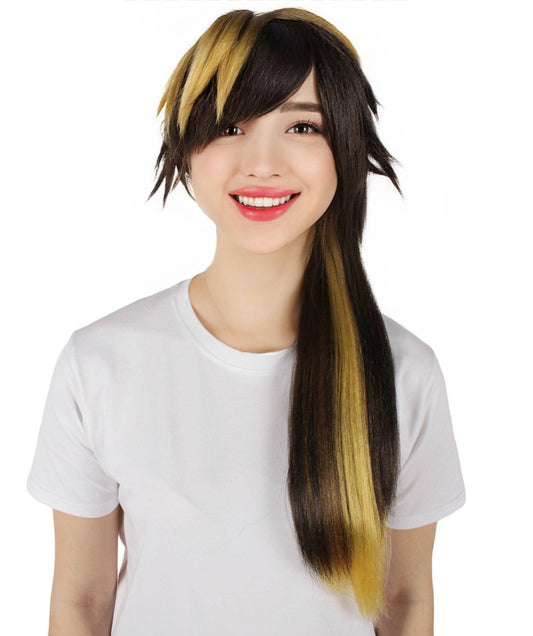 HPO Women's Visual Kei Musician Black & Yellow Wig,Perfect for Halloween, Flame-retardant Synthetic Fiber