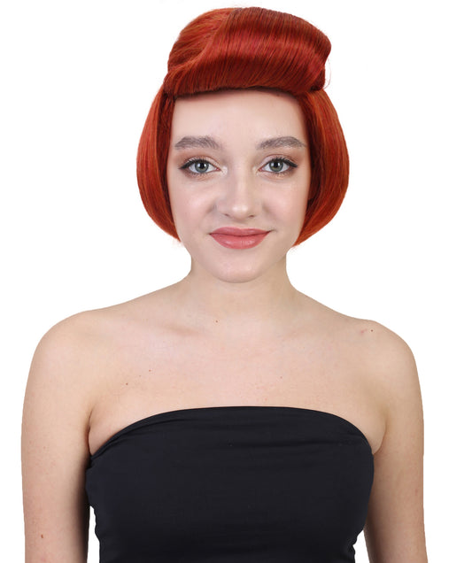 HPO Women's Short Red Vintage Cartoon Character Updo Party Bun Wig | Perfect for Halloween | Flame-retardant Synthetic Fiber