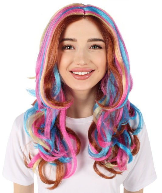 HPO Adult Women's Unicorn Rainbow Wig| Wavy Cosplay Wig| Flame-retardant Synthetic Fiber