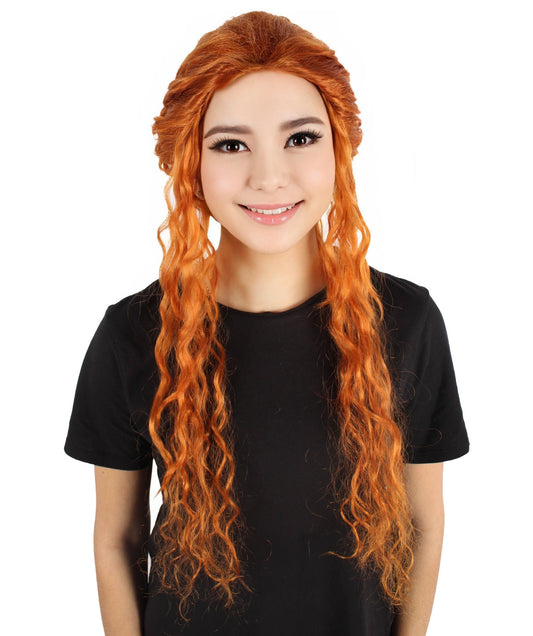 HPO Women's Renaissance Long Curly Orange Wig | Perfect for Halloween| Flame-retardant Synthetic Fiber