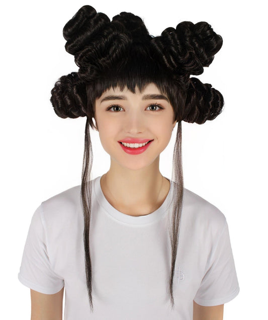 HPO Women's Canadian Drag Queen Black Wig with Multiple Buns| Perfect for Halloween  Flame-retardant Synthetic Fiber