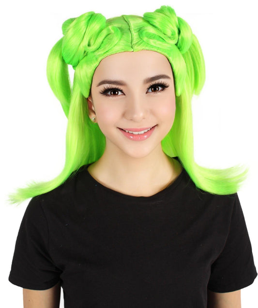 HPO Adult Women’s Neon Green Spooky Drag Queen Bun Wig| Capless Cap Design| Flame-retardant Synthetic Fiber