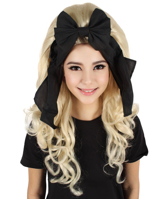 HPO Women’s English Drag Queen Blonde Wig with Black Hair Bow |  Capless Cap Design | Flame-retardant Synthetic Fiber