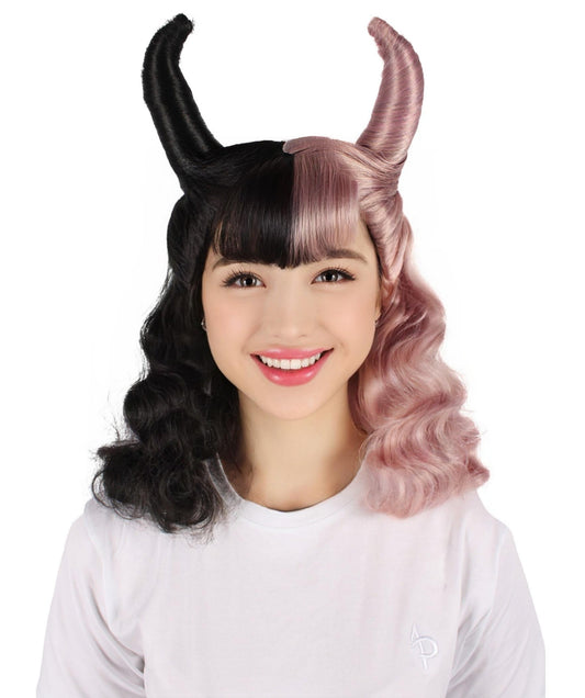 HPO Women’s Double-toned Ghostly Black and Pink Wig with Horns ,Capless Cap Design,Flame-retardant Synthetic Fiber