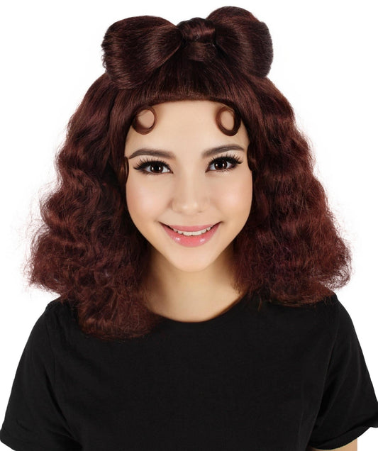 HPO Women's Warm Brunette Hair Bow Wig with Vintage Waves|Perfect for Helloween Flame-retardant Synthetic Fiber