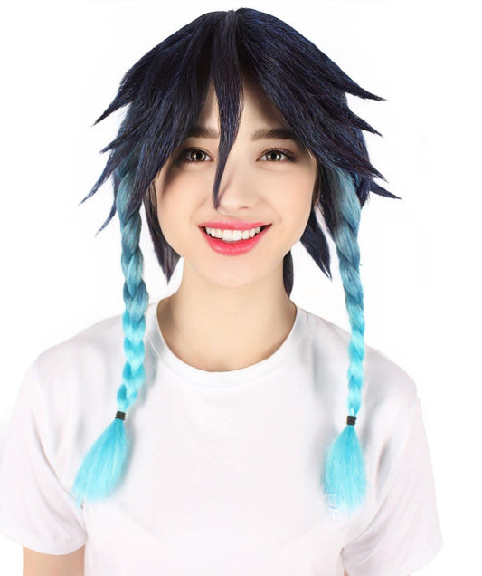HPO Women's Gaming Character Navy Blue Two-Tone Ponytail Wig| Perfect for Halloween Flame-retardant Synthetic Fiber