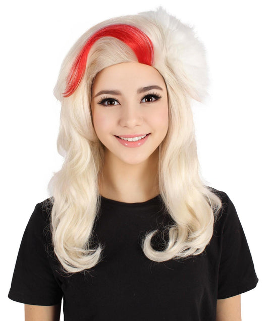 HPO Women's American Drag Queen White with Red Streak Wavy Wig I Flame-retardant Synthetic Fiber