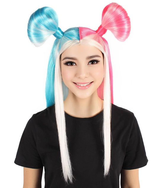 Adult Women's Pink & Blue High Pony Bun| Halloween and Cosplay Wig| Flame-retardant Synthetic Fiber