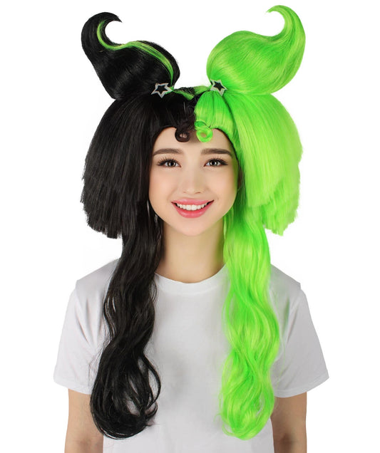 HPO Women's Horn Shaped Long Half Green and Black Wig | Flame-retardant Synthetic Fiber