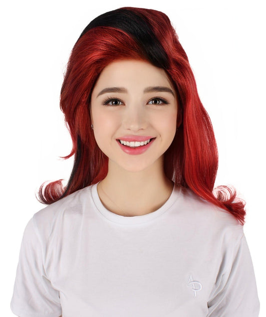 HPO Women's Crimson Red Wig with Black Streaks I Perfect for Halloween I Flame-retardant Synthetic Fiber
