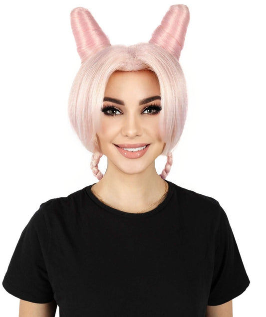 HPO Women’s Online Battle Game Pink Horned Twist Braided Wig | Suitable for Halloween | Breathable Capless Cap