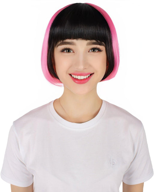 HPO Women's Pink & Black Color Two Tone Bob Wig with Bangs I Flame-retardant Synthetic Fiber