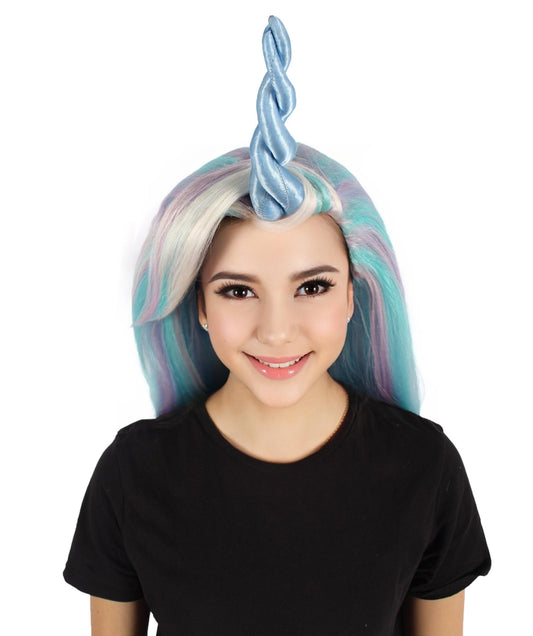 HPO Women's Long Fairytale Pastel Wig with Horn I Unicorn Halloween Wig I Flame-retardant Synthetic Fiber