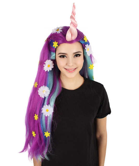 HPO Women's Long Fairytale Purple Wig with Horn I Unicorn Halloween Wig I Flame-retardant Synthetic Fiber