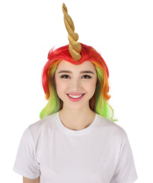 HPO Women's Long Fairytale Rainbow Wig with Horn I Unicorn Halloween Wig I Flame-retardant Synthetic Fiber