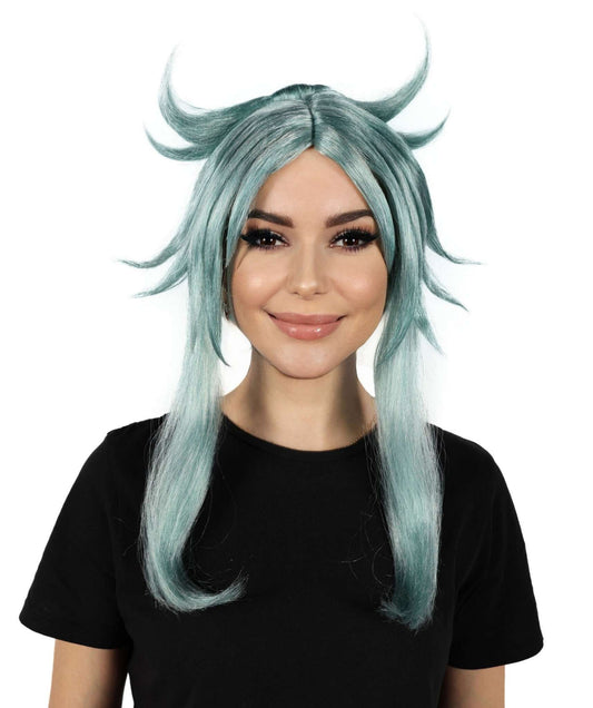 HPO Women's Video Game Braid Blue Wig I Halloween Wig I Flame-retardant Synthetic Fiber