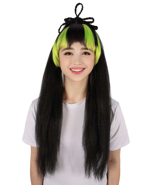 HPO Women's Egirl Long Black and Green Wig I Halloween Wig I Flame-retardant Synthetic Fiber