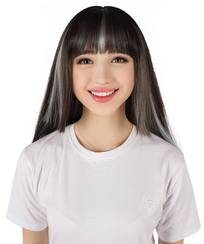 HPO Women's Straight Black & Mint Short Wig I Halloween Wig I Flame-retardant Synthetic Fiber