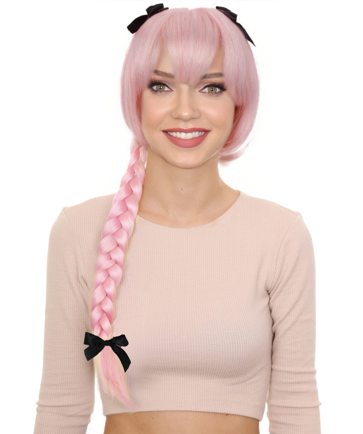 HPO Women's Pink Long Bowknot Braided Wig I Cosplay Wig I Flame-retardant Synthetic Fiber
