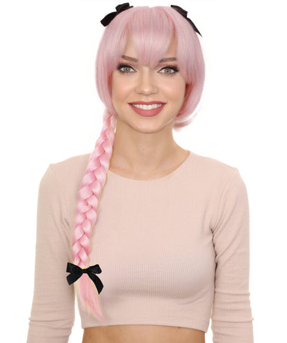 HPO Women's Pink Long Bowknot Braided Wig I Cosplay Wig I Flame-retardant Synthetic Fiber