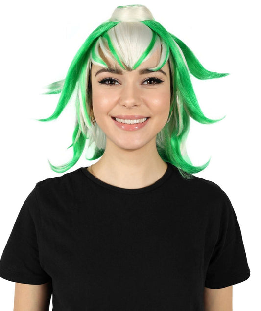 HPO Women's Short Spiked White and Green Wig I Halloween Wig I Flame-retardant Synthetic Fiber