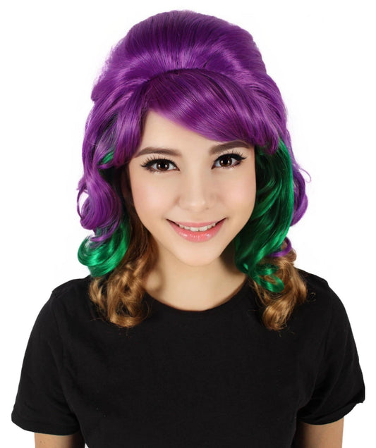 HPO Women's Mardi Grass Multicolor Long Curly Beehive Wig I Perfect for Halloween I Flame-retardant Synthetic Fiber