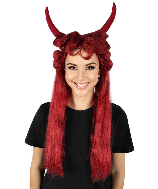 HPO Women's Long Red Devil Horn Wig I Halloween Wig I Flame-retardant Synthetic Fiber