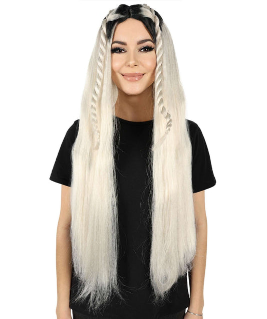 HPO Women's Dark Root Front Braids Long Blonde Wig I Flame-retardant Synthetic Fiber