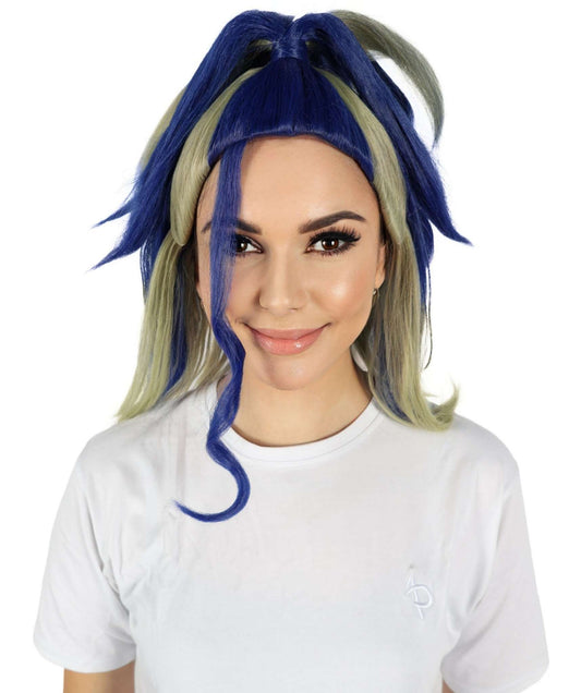 HPO Women's Anime Half Ponytail Mixed Blue Spiked Wig I Flame-retardant Synthetic Fiber