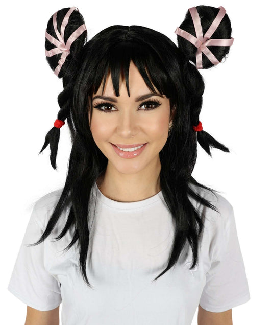 HPO Women's Black Long Straight Double Bun Wig I Flame-retardant Synthetic Fiber