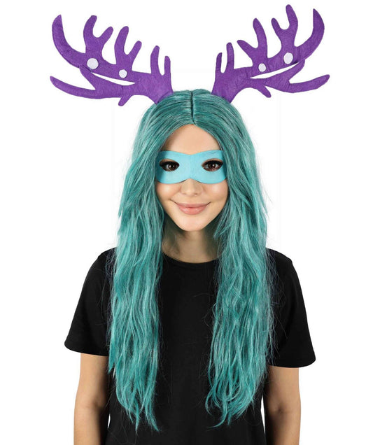 HPO Women's Forest Spirit Green Long Wig with Horns & Eyemask I Flame-retardant Synthetic Fiber