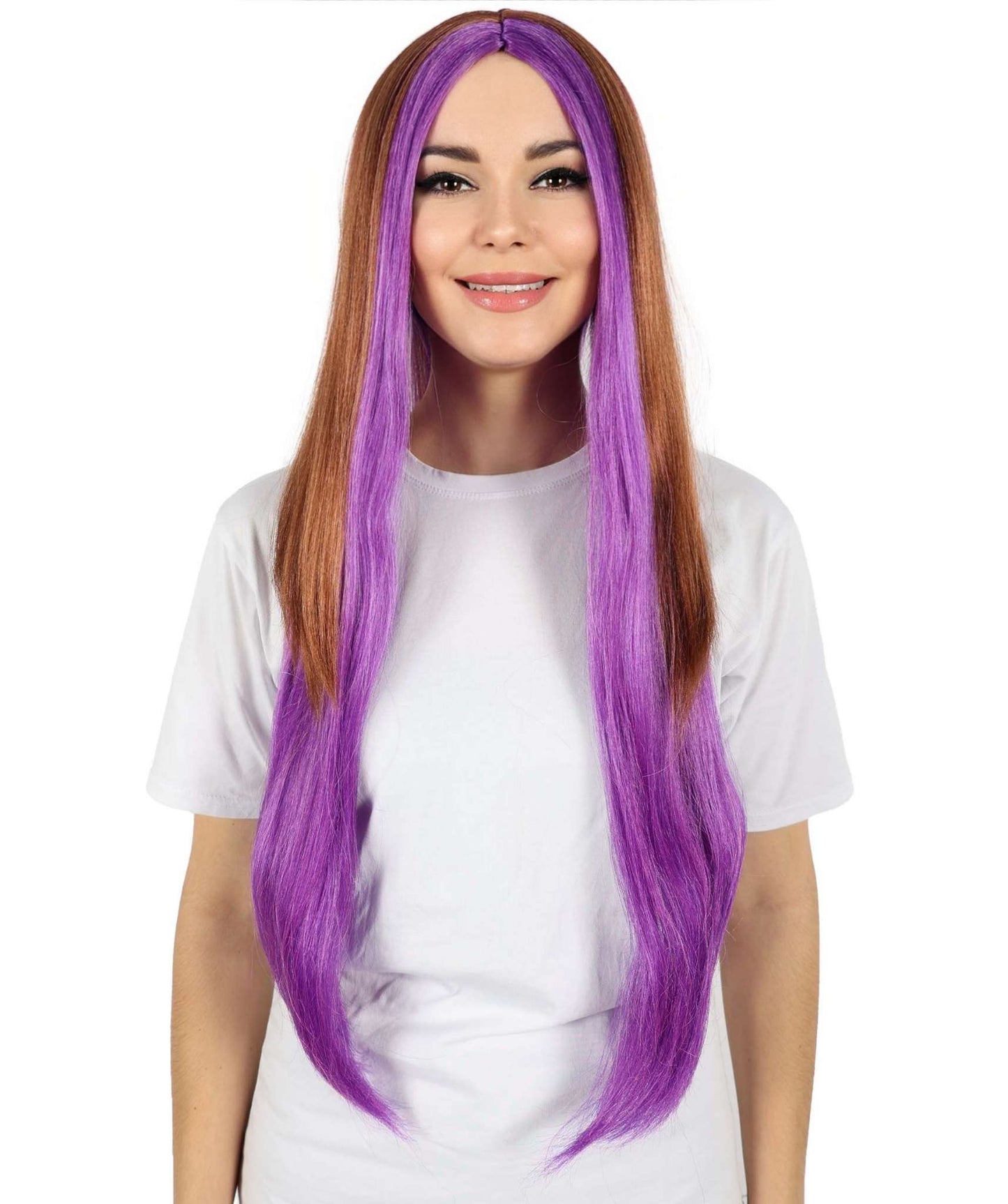 HPO Women's Doll Figure Long Straight Wig with Purple Streaks Wig | Flame-retardant Synthetic Fiber