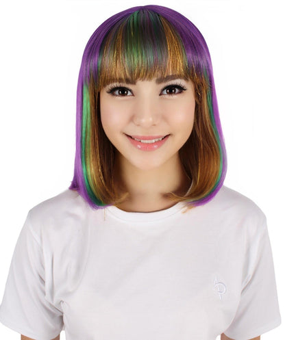 HPO Women's Multi colour Mardi Grass Festival Bob Wig with Bangs I Flame-retardant Synthetic Fiber