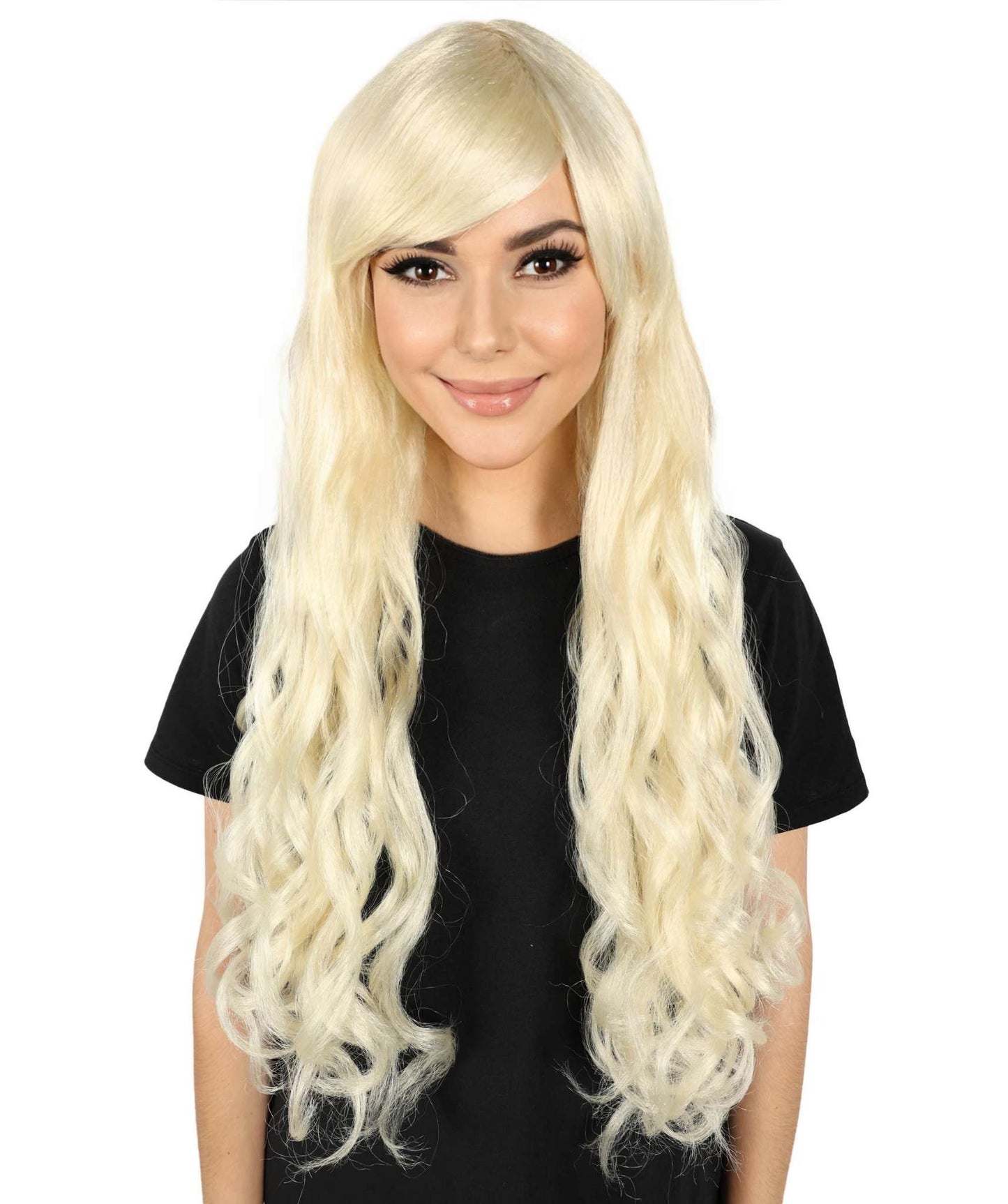 HPO Women's Multicolor Long Curly Wig with Fringe, Flame-retardant Synthetic Fiber