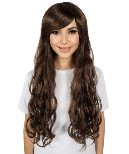 HPO Women's Multicolor Long Curly Wig with Fringe, Flame-retardant Synthetic Fiber
