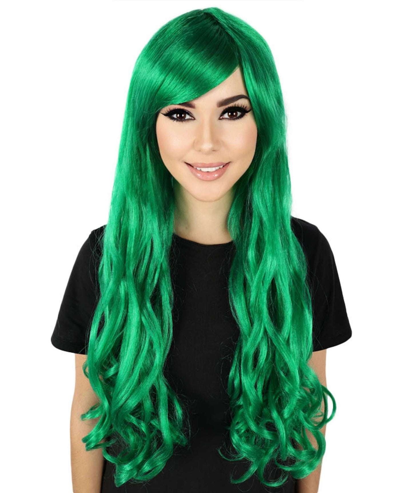 HPO Women's Multicolor Long Curly Wig with Fringe, Flame-retardant Synthetic Fiber