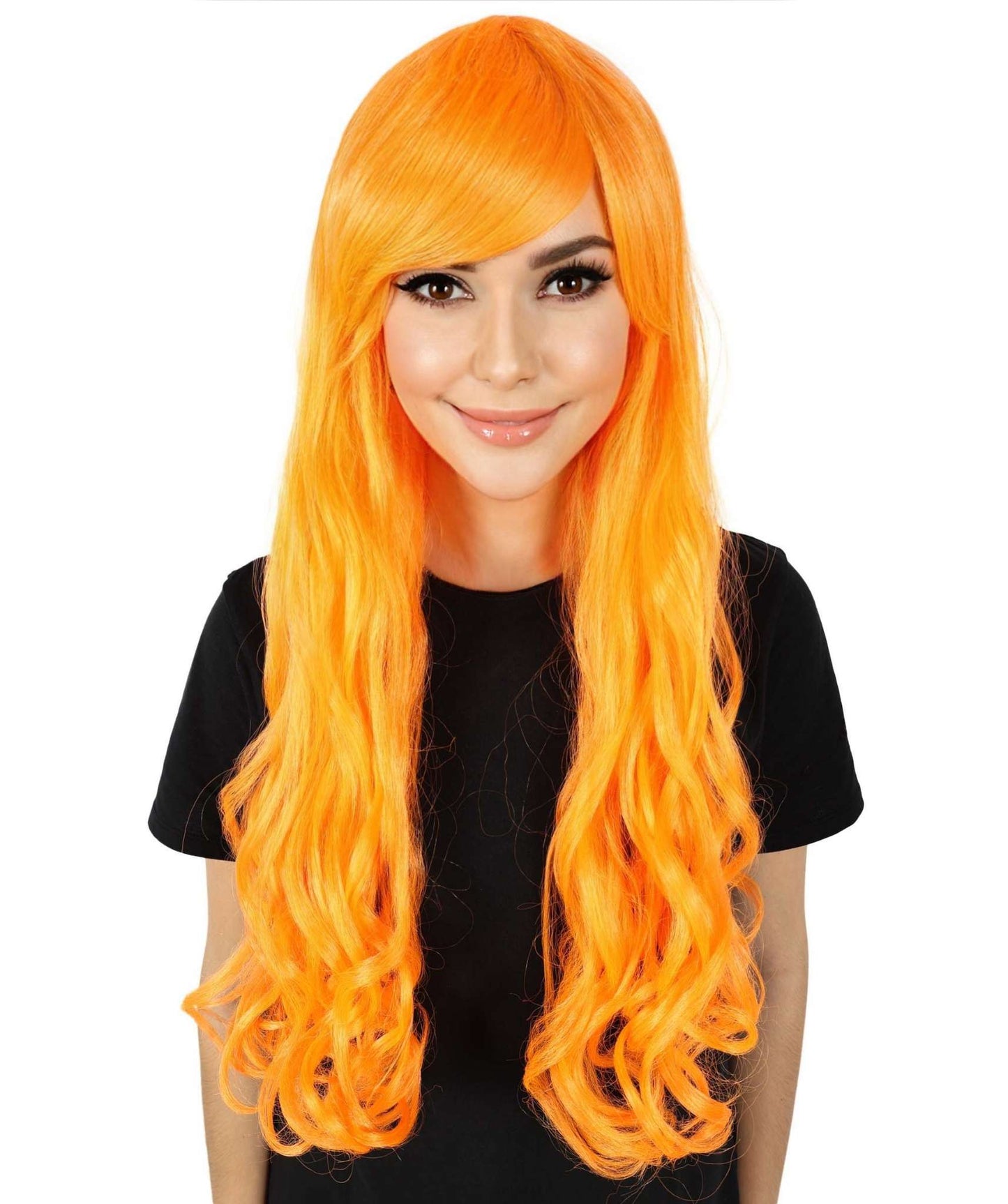 HPO Women's Multicolor Long Curly Wig with Fringe, Flame-retardant Synthetic Fiber
