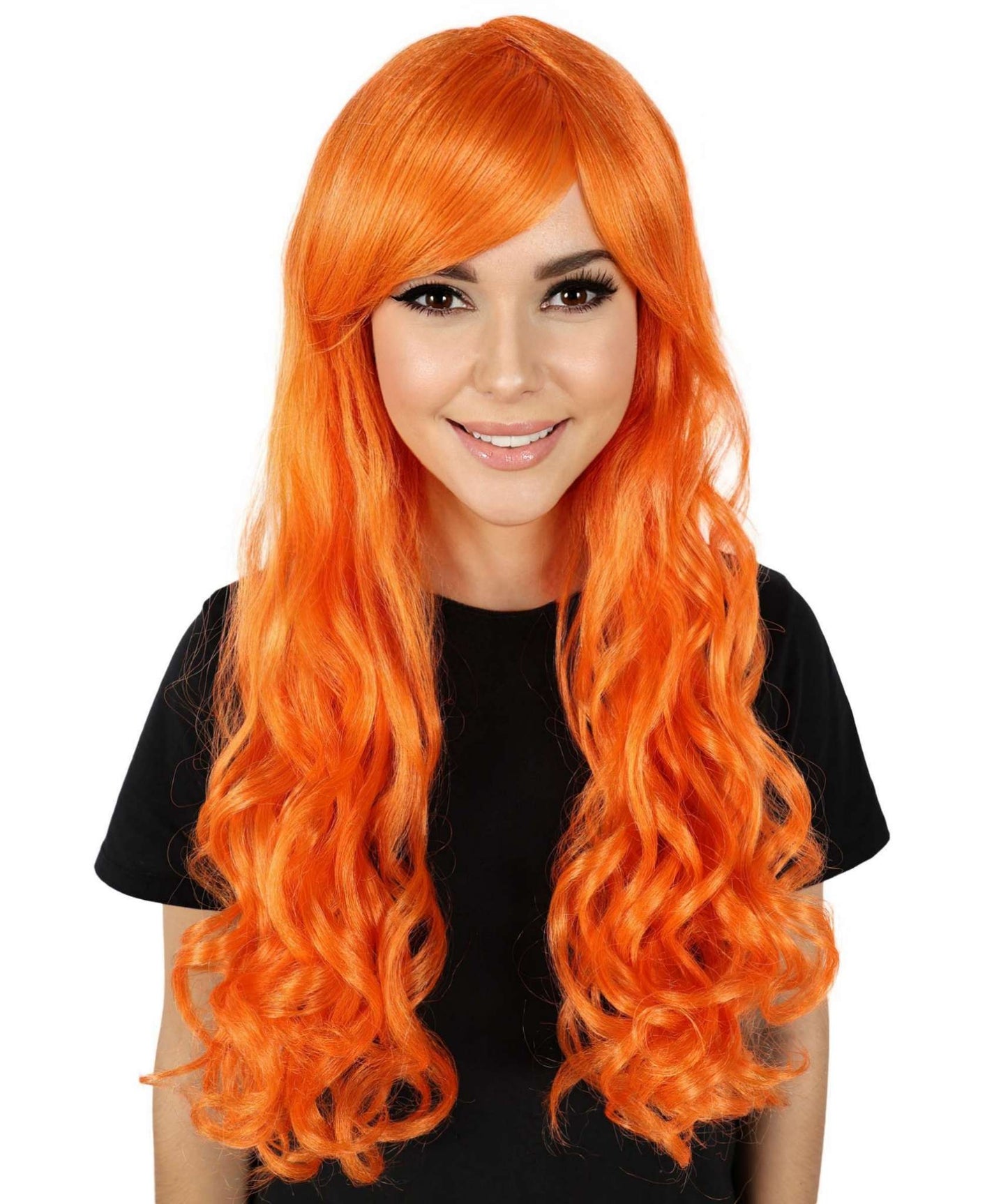 HPO Women's Multicolor Long Curly Wig with Fringe, Flame-retardant Synthetic Fiber