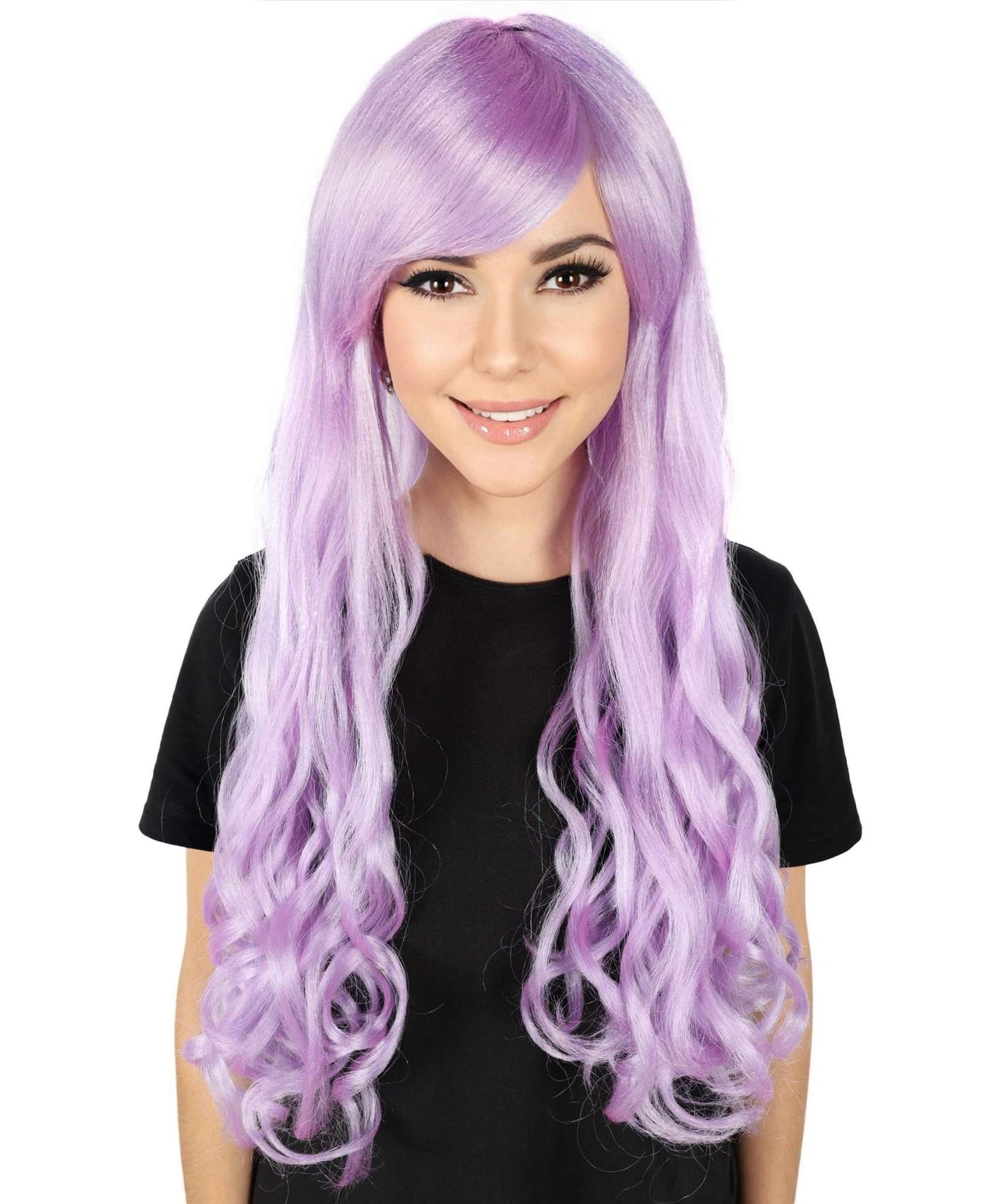 HPO Women's Multicolor Long Curly Wig with Fringe, Flame-retardant Synthetic Fiber