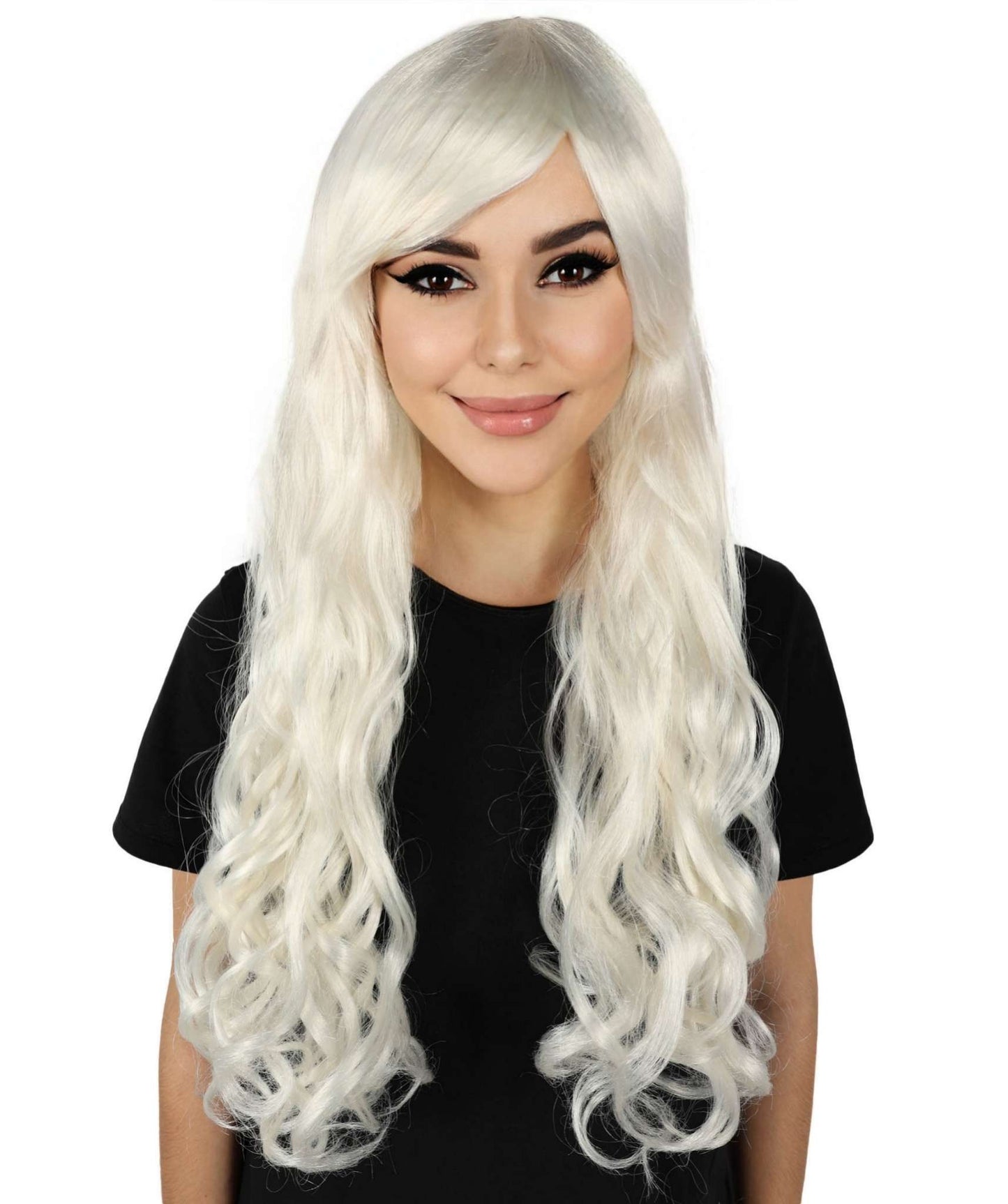 HPO Women's Multicolor Long Curly Wig with Fringe, Flame-retardant Synthetic Fiber