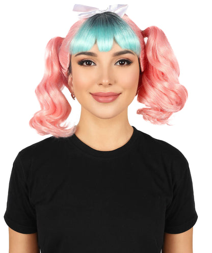 HPO Women's American Singer Pink & Mint Green Double Ponytail Wig | Halloween and Cosplay Wig | Flame-retardant Synthetic Fiber