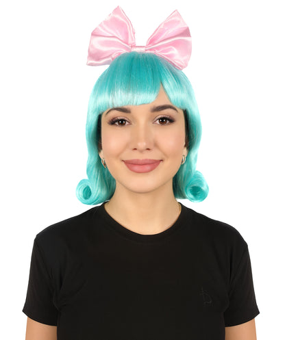 HPO Women's American Singer Soft Mint Green Short Wig With Large Pink Bow | Halloween Wig | Flame-retardant Synthetic Fiber