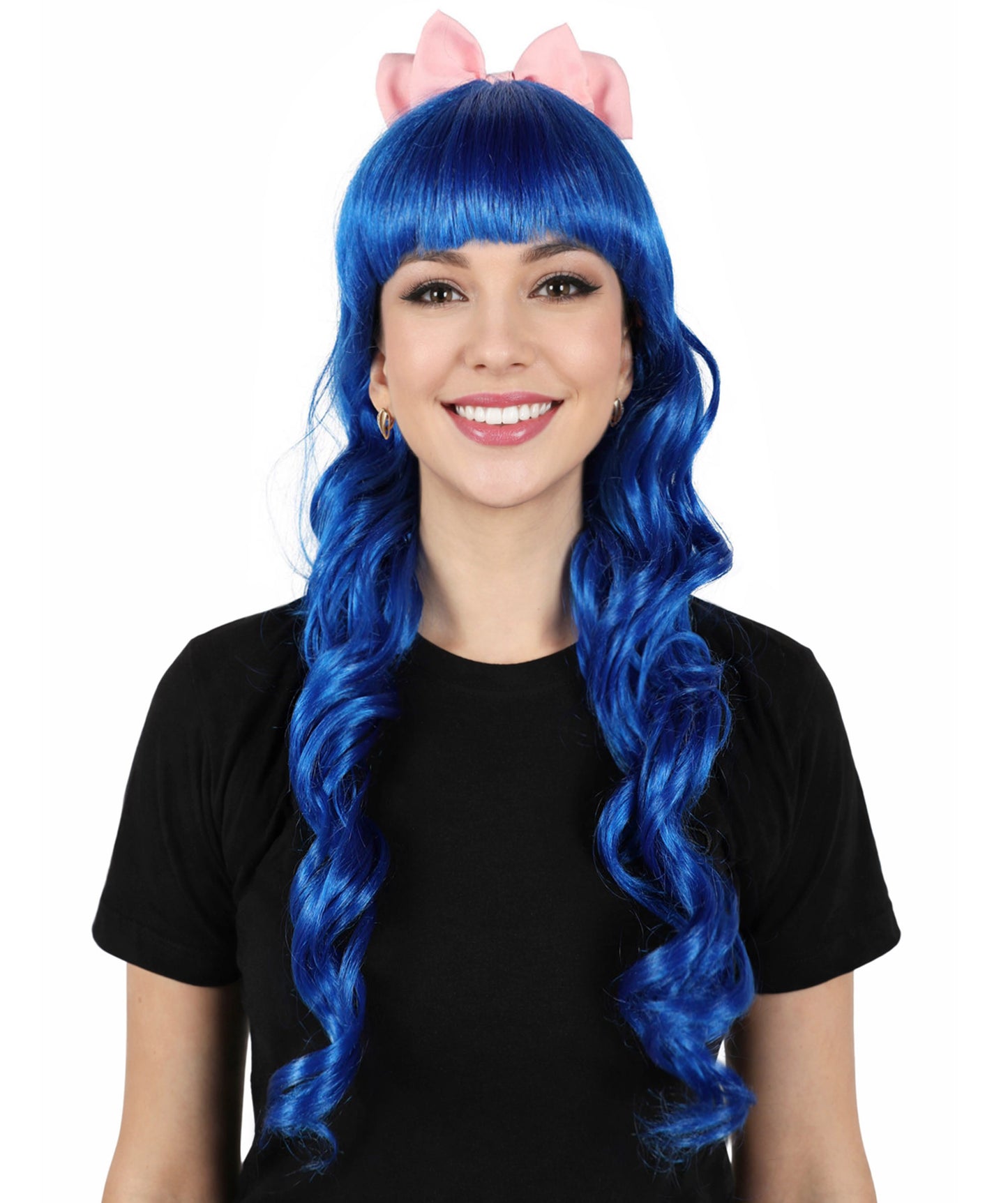 HPO Women's American Singer Medium Length Blue Wavy Pink Bow Wig | Halloween Wig | Flame-retardant Synthetic Fiber
