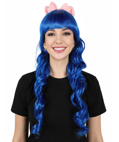 HPO Women's American Singer Medium Length Blue Wavy Pink Bow Wig | Halloween Wig | Flame-retardant Synthetic Fiber